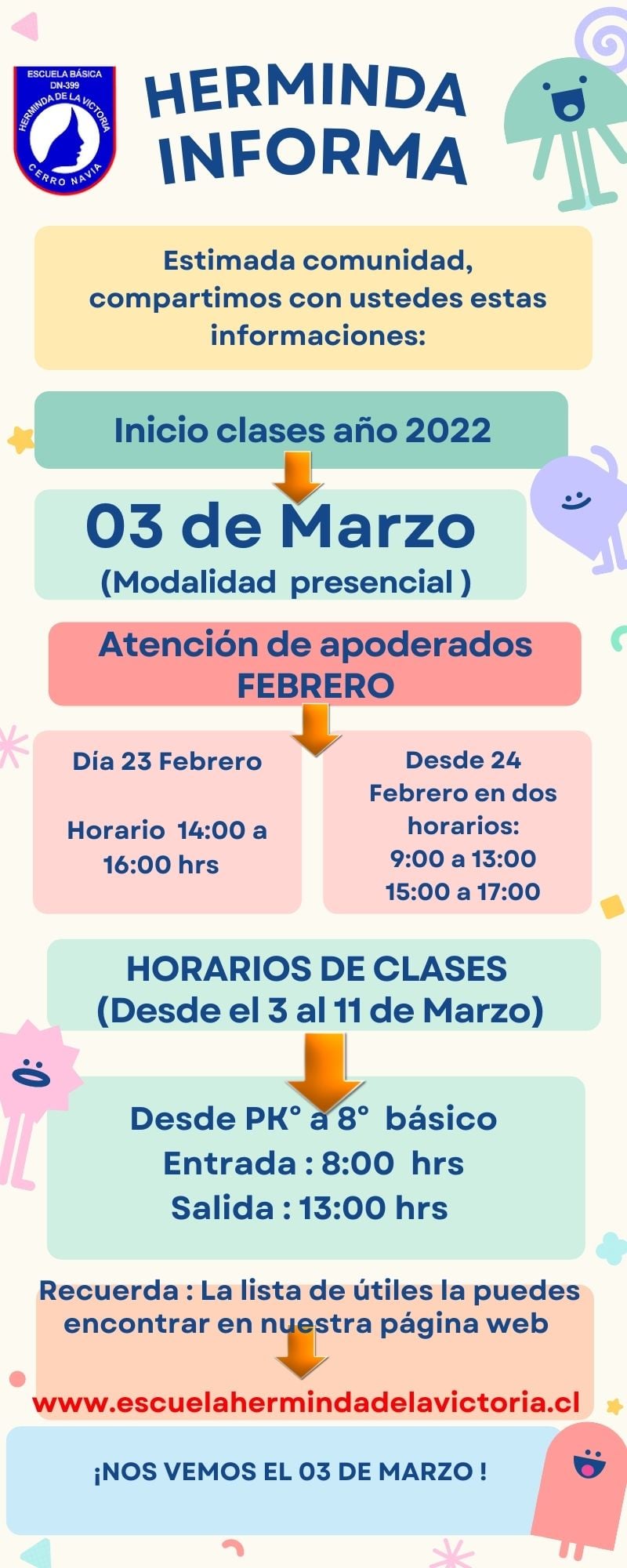 En este momento estás viendo Estimada comunidad, compartimos con ustedes estas informaciones. Que tengan unas maravillosas vacaciones de verano en familia. Nos vemos el 03 de marzo!