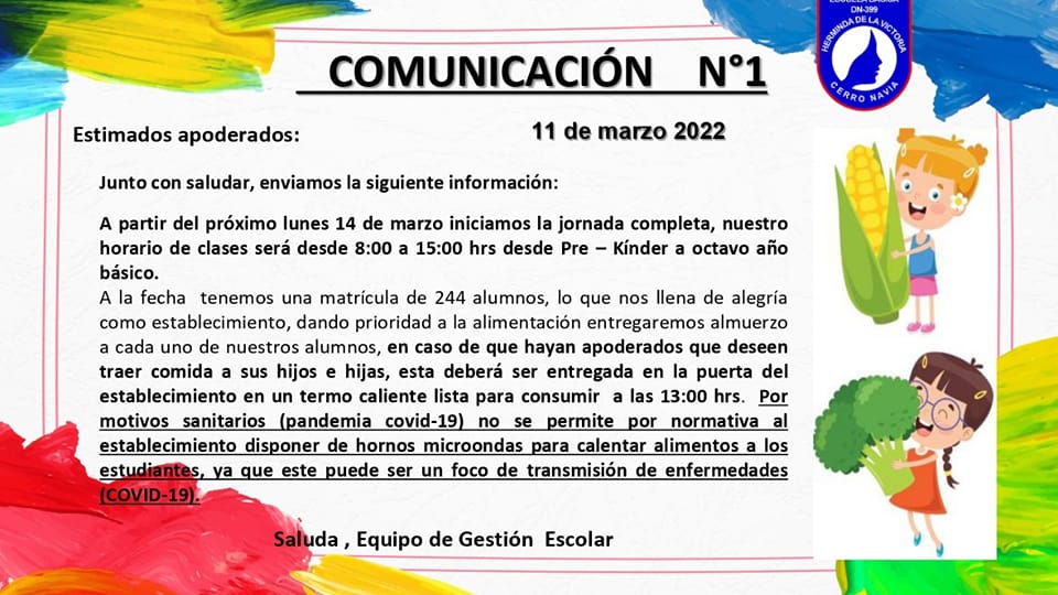 En este momento estás viendo Estimada Comunidad, compartimos información acerca del inicio de la Jornada Escolar Completa.