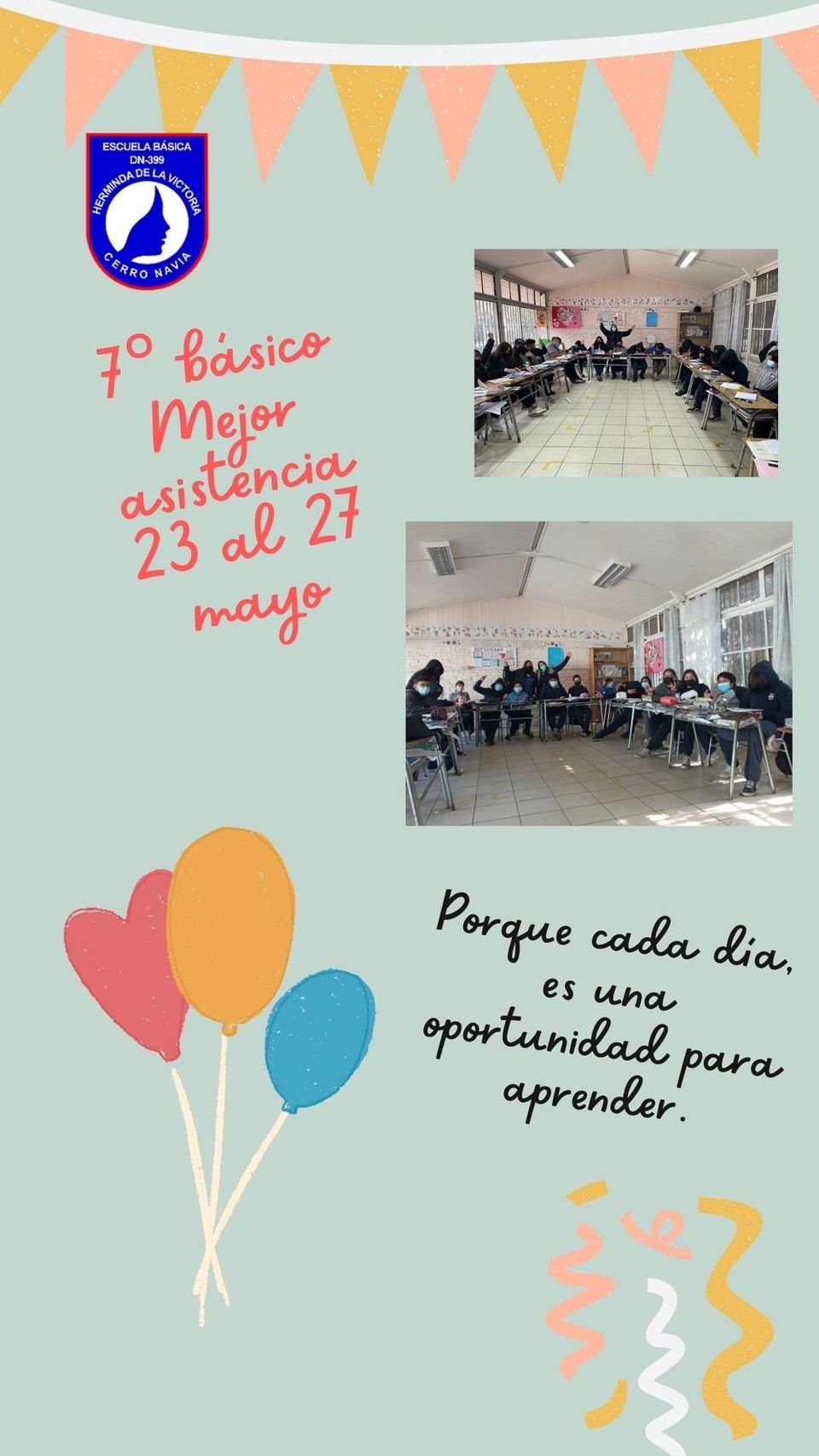 En este momento estás viendo Estamos muy contentos, nuestro 7° básico nuevamente obtiene la mejor asistencia de la semana con un 92%. Felicitamos a nuestros estudiantes y profesora jefe Javiera Herrera Leppe por motivar cada día a su curso en asistir a clases.El premio para este curso ganador es jeans day lunes 30 de mayo.¡Porque asistir a clases sí importa!