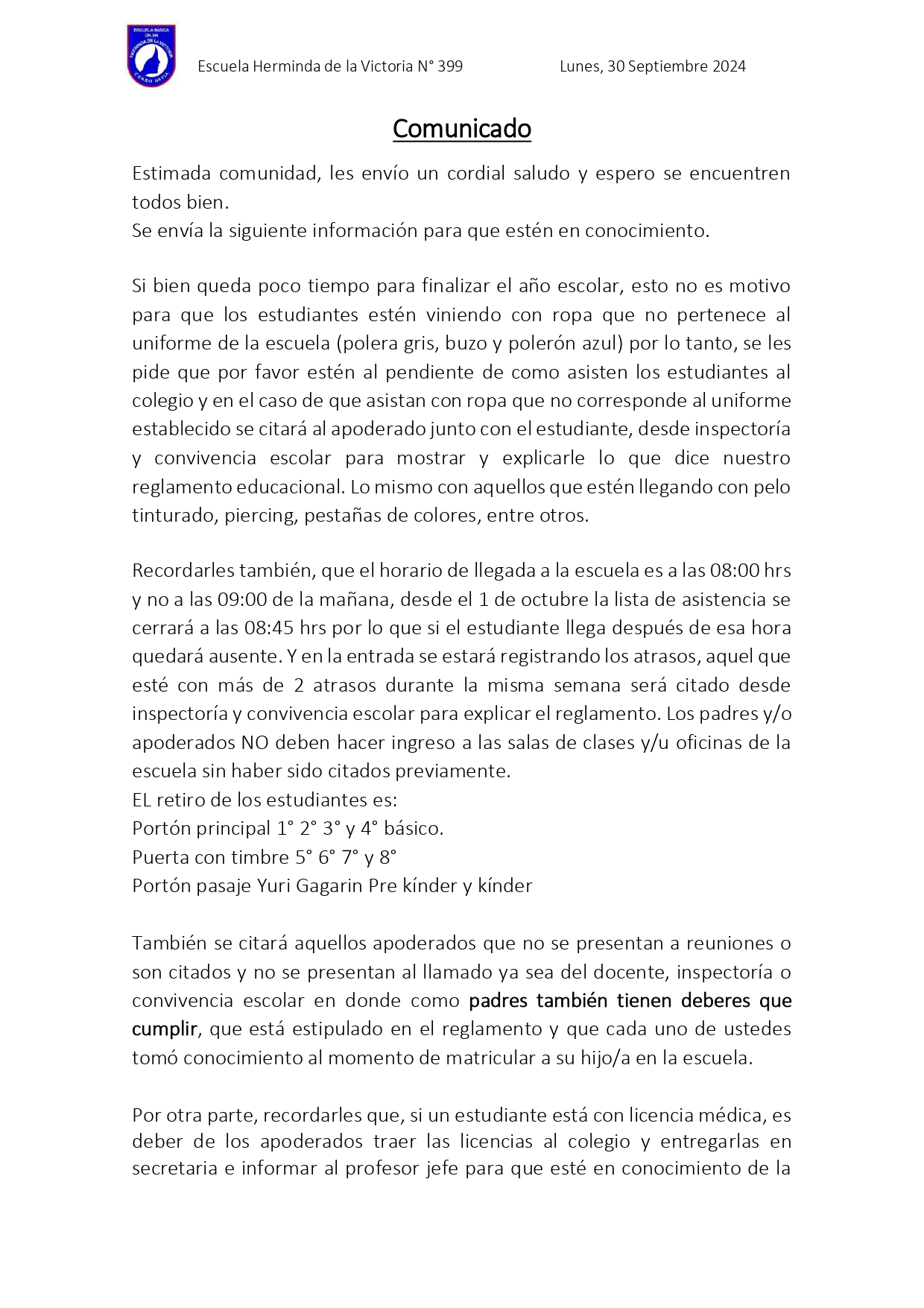 En este momento estás viendo Estimados Padres y Apoderados, junto con saludar, compartimos con ustedes el comunicado que fue entregado impreso a los estudiantes el día lunes 30 de septiembre.